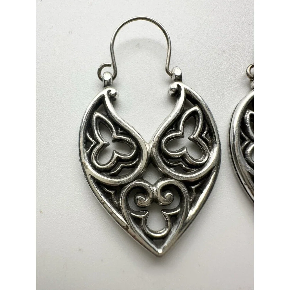 Floral V Shape Hoop Earrings Silver Tone